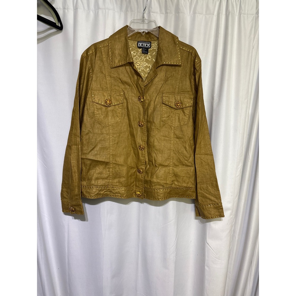 BEREK Womens Gold Linen Blend‎ Studded Button Up Jacket Blazer Embellished